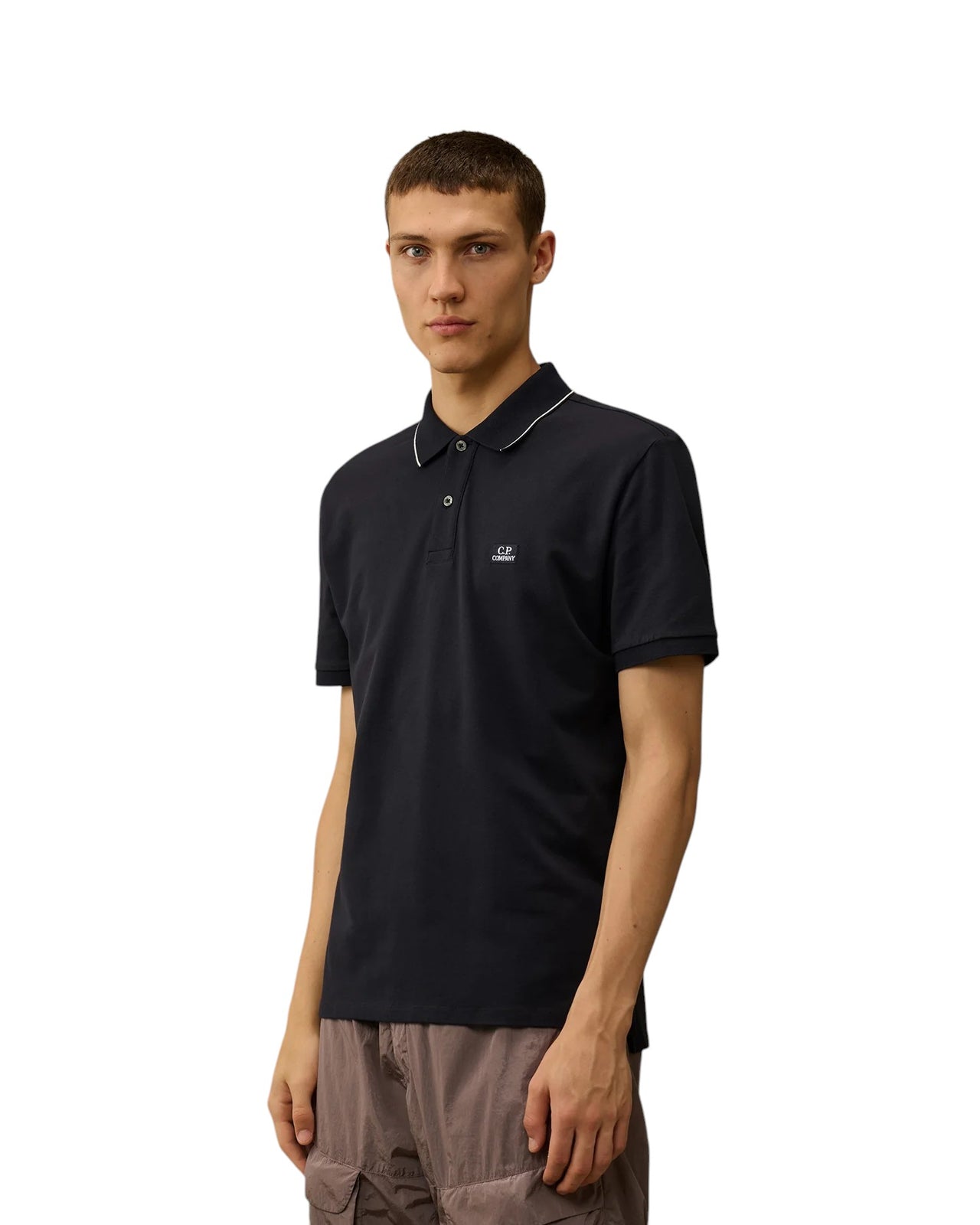 C.P. Company Stretch Piquet Regular Striped Collar Polo Shirt Navy