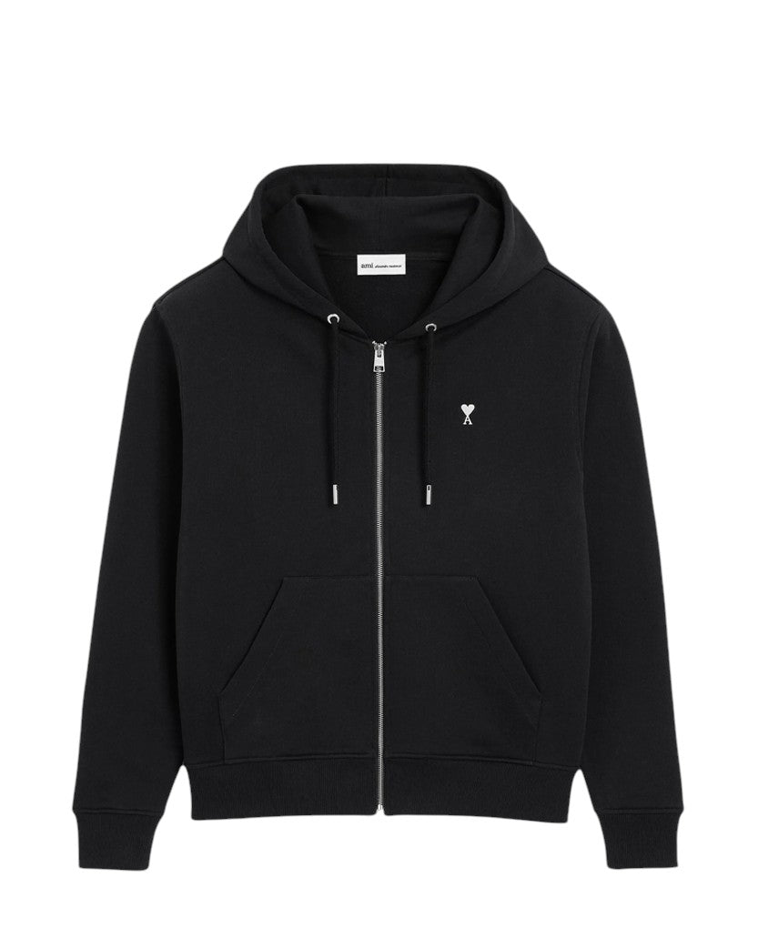 AMI Paris Ami De Coeur White Heart Zipped Hoodie Black