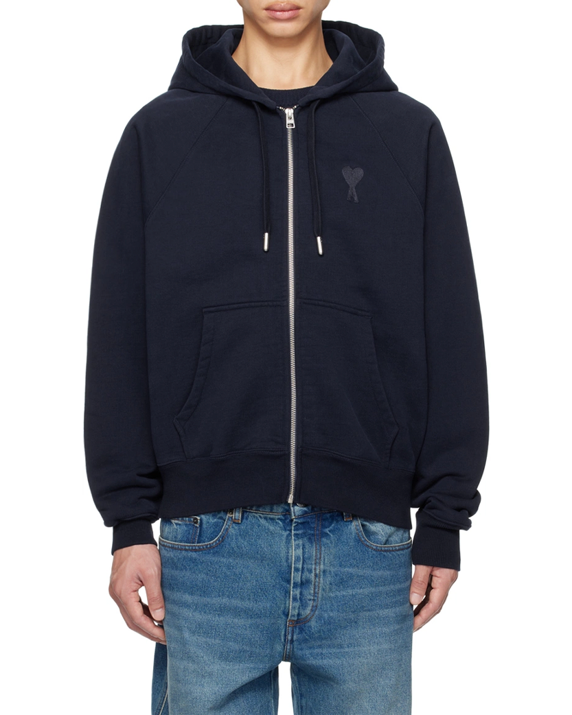 AMI Paris Ami De Coeur Zipped Hoodie Navy Blue