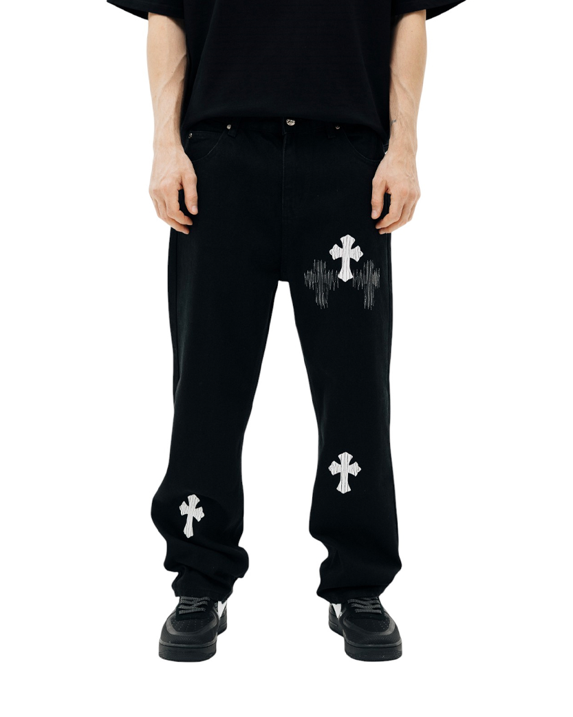Джинси Chrome Hearts Jeans with White and Black Cross Black CH130