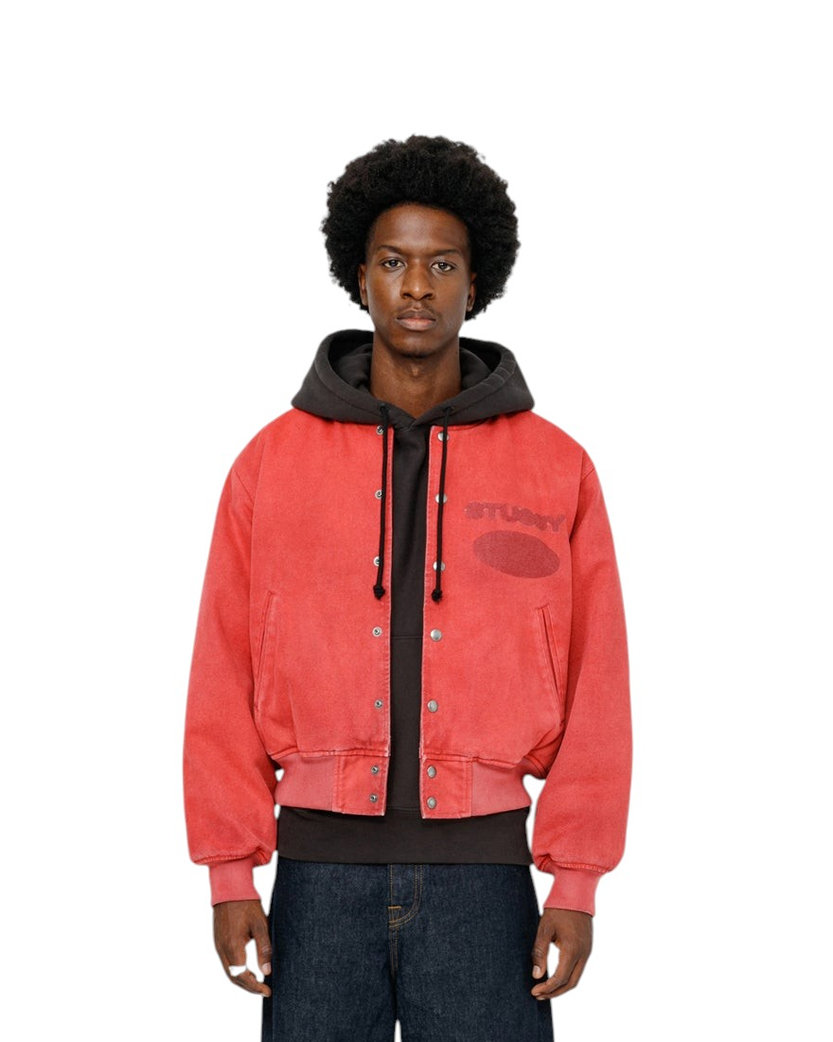 STUSSY Ghost Logo Canvas Varsity Jacket Red