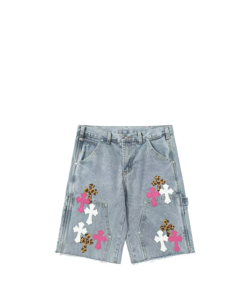 Chrome Hearts Denim Shorts with White and Pink Cross Light Blue CH148-LBL