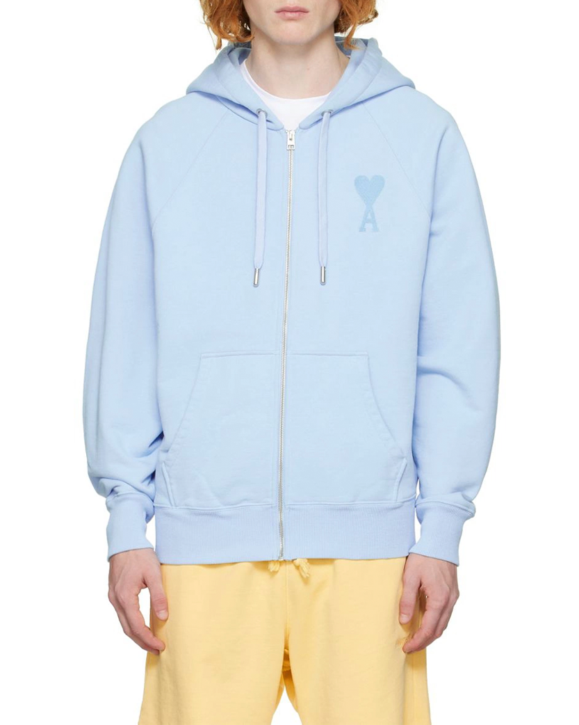 AMI Paris Ami De Coeur Zipped Hoodie Light Blue