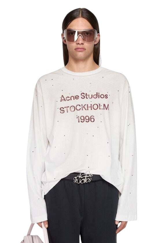Acne Studios Stamp Logo Rhinestones Long Sleeve Dusty White