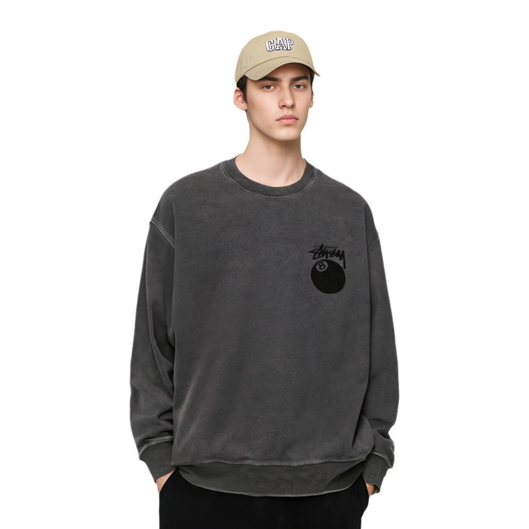 STUSSY 8 Ball Crew Pigment Dyed Washed Black