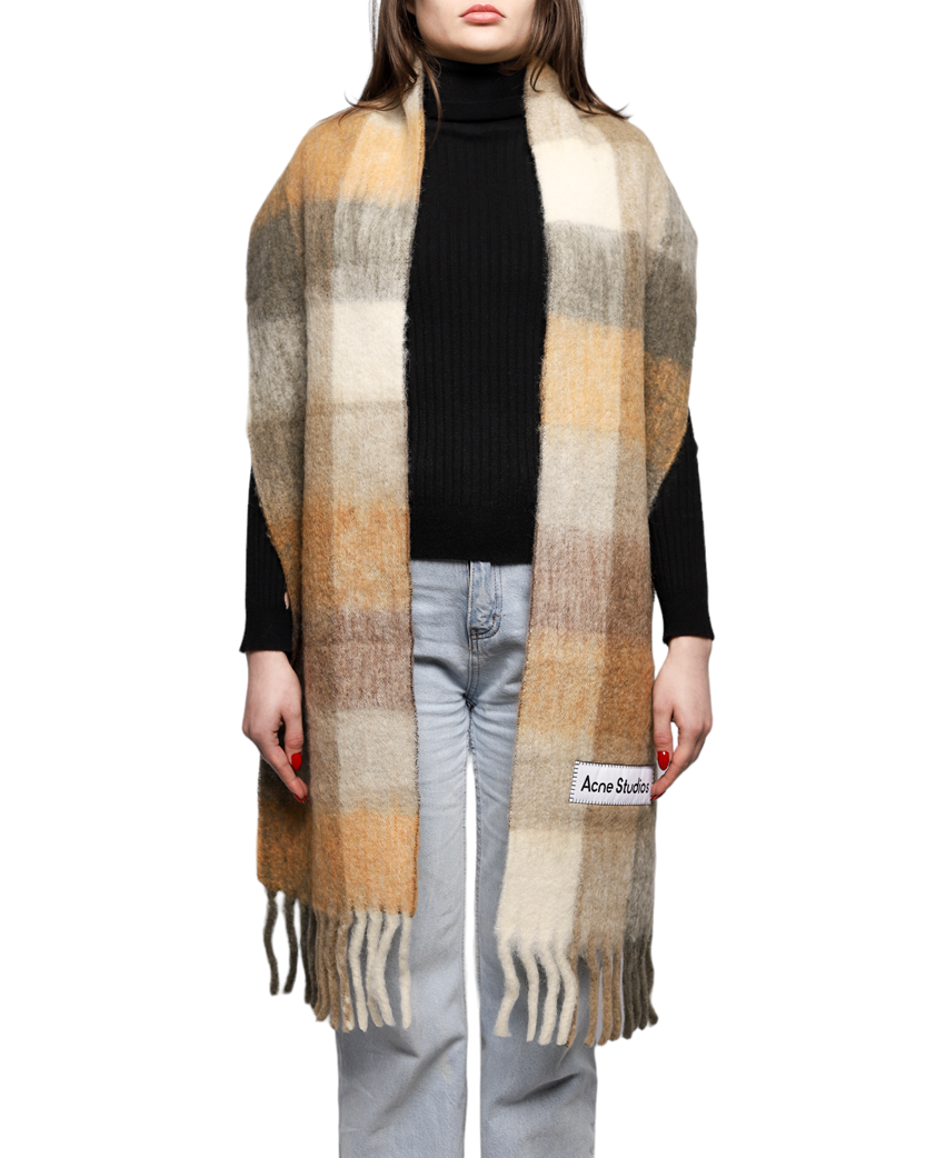Acne Studios Checked Wool Fringe Scarf Taupe/Green/Black
