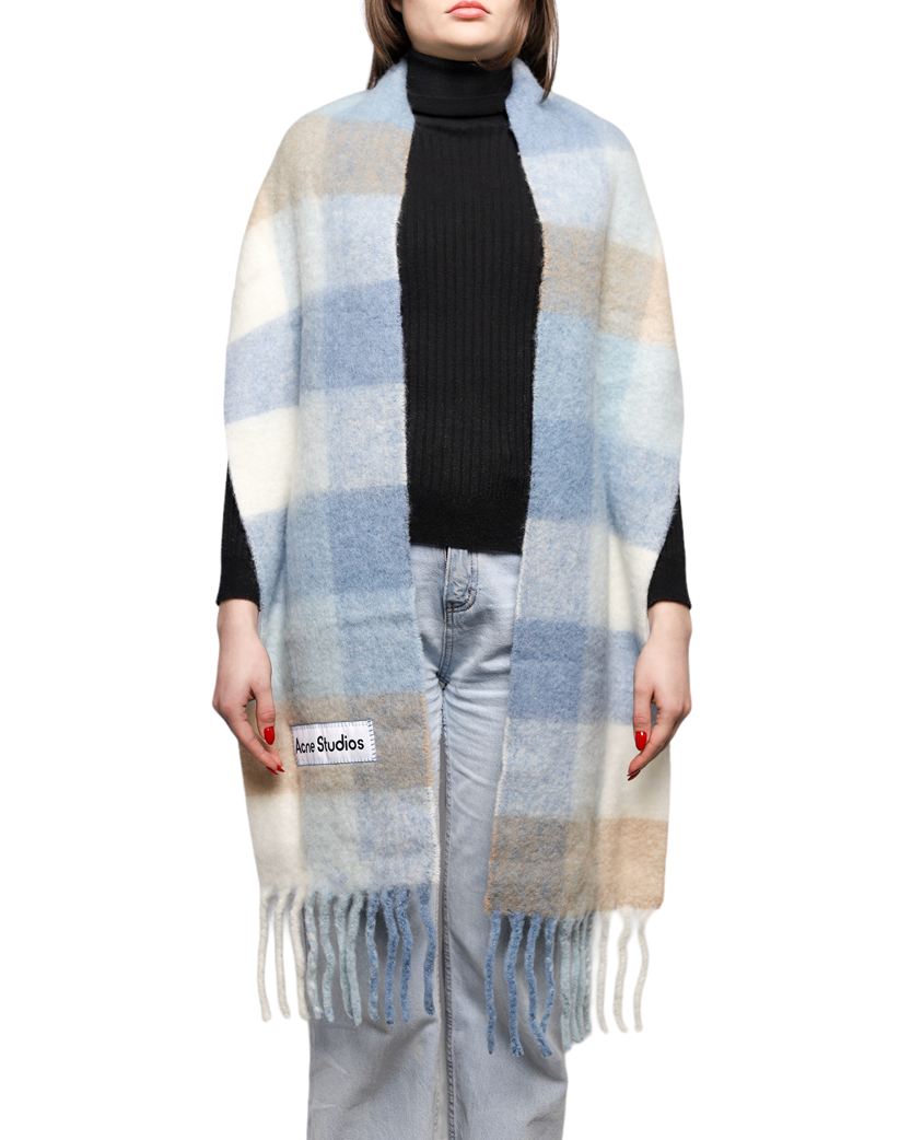 Acne Studios Checked Wool Fringe Scarf Pastel Blue/Beige