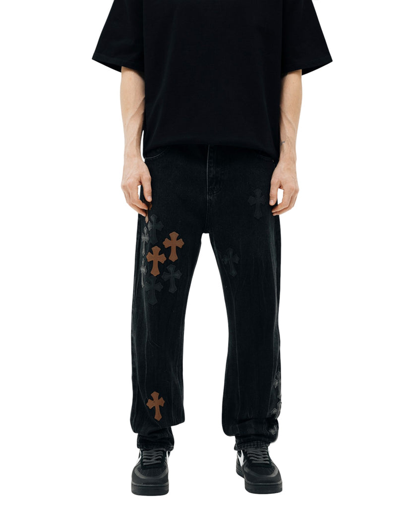 Chrome Hearts Jeans with Brown and Tonal Cross Black CH129-BK