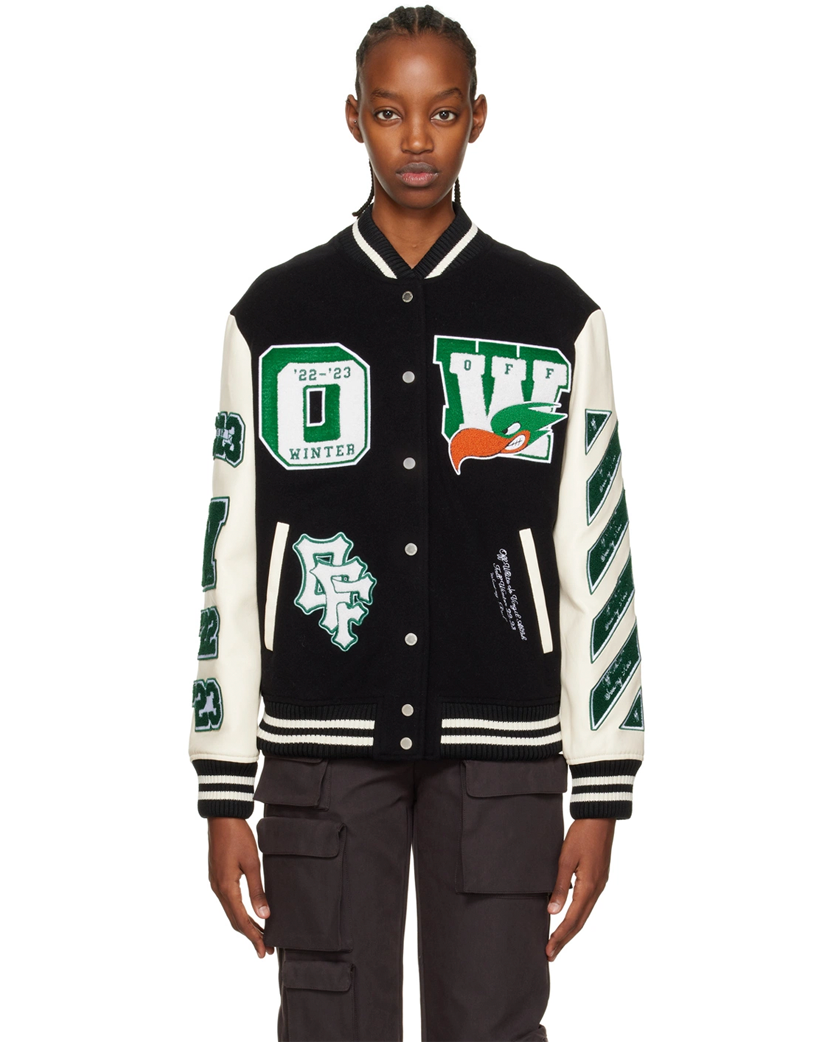 Off-White Embroidered Patches Varsity Jacket Black/Green