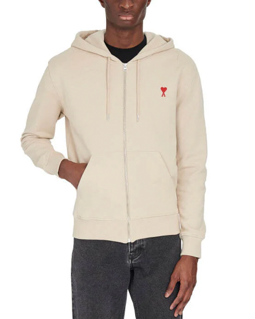 AMI Paris Ami De Coeur Zipped Hoodie Beige