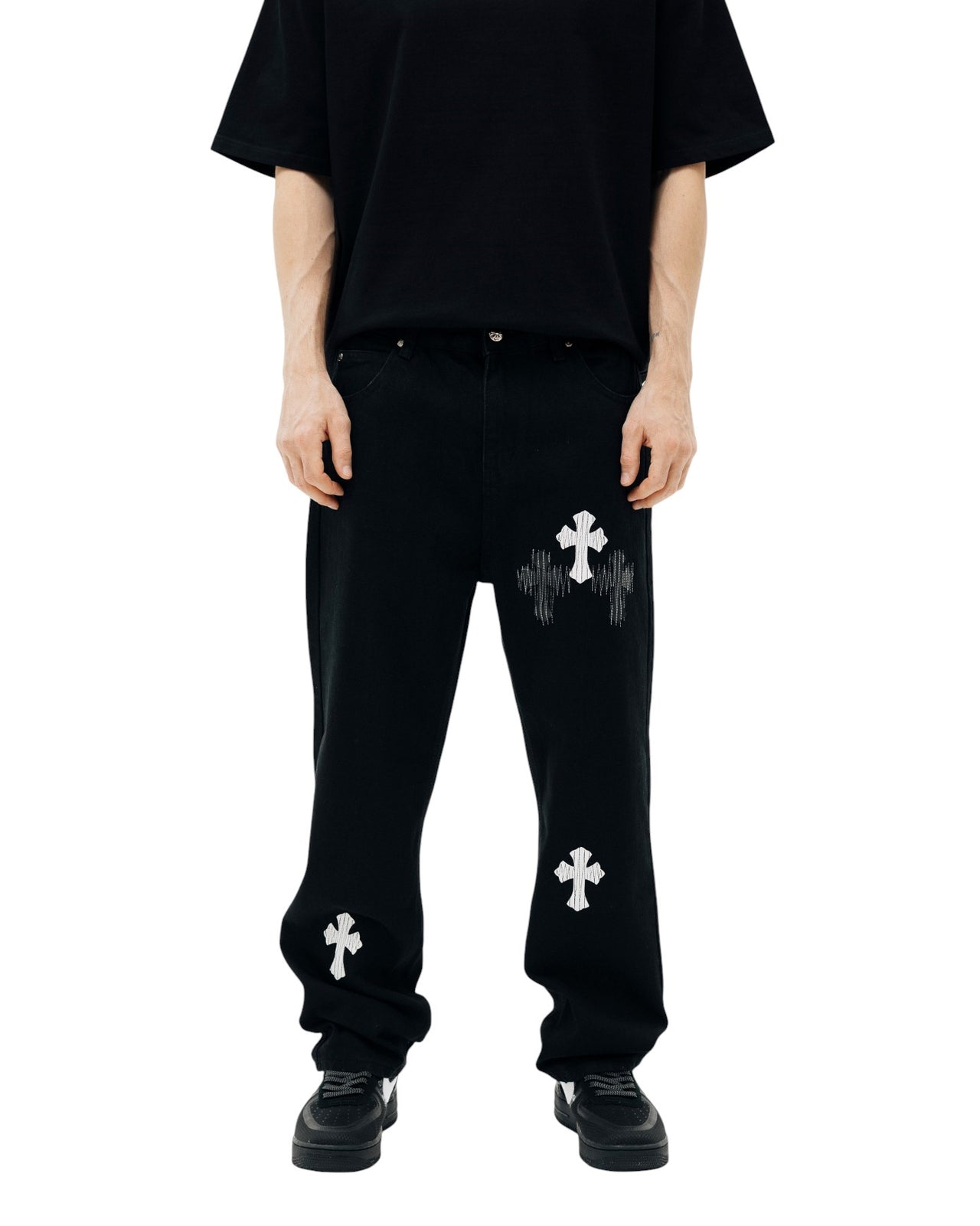 Chrome Hearts Jeans with White and Black Cross Black CH130-BK