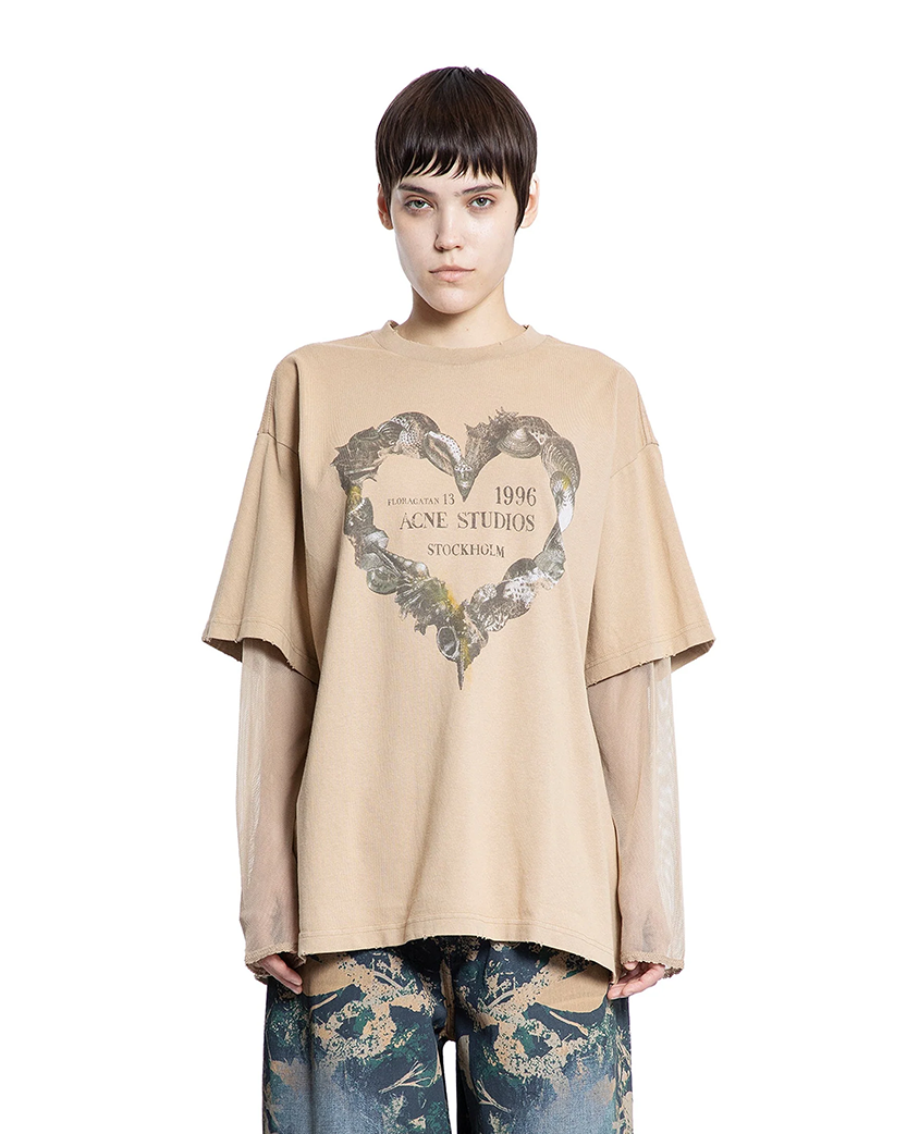 Acne Studios Floragatan Layered Print T-Shirt Sand Beige
