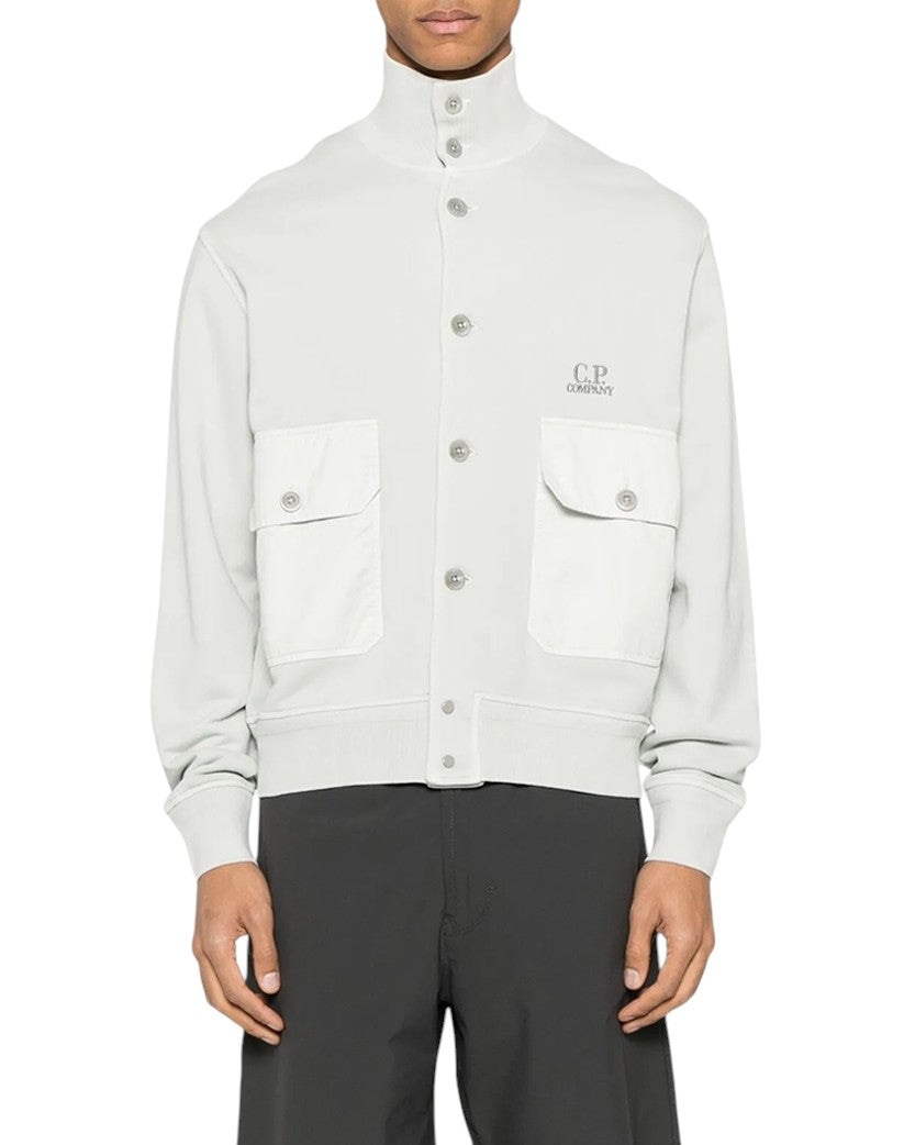 C.P. Company Cotton Diagonal Fleece Full Button Sweatshirt Light Grey
