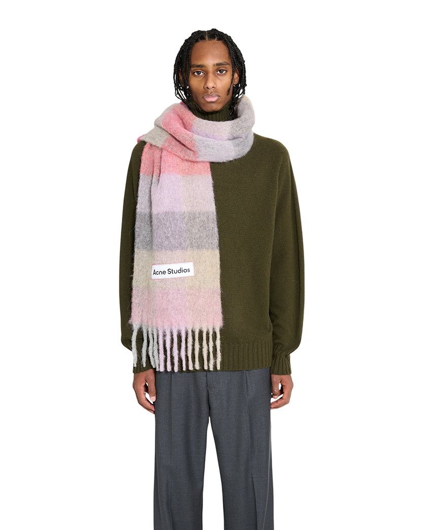 Acne Studios Checked Wool Fringe Scarf Fuchsia/Lilac/Pink