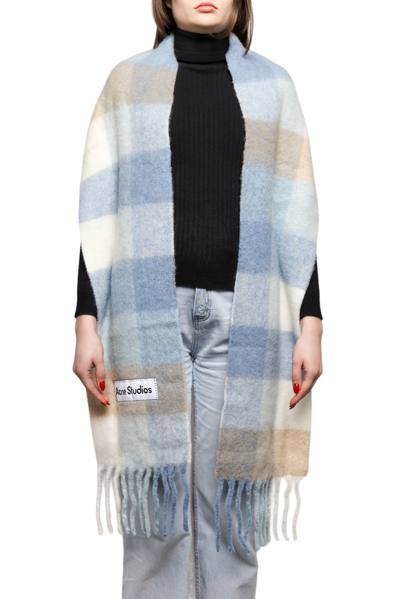 Acne Studios Checked Wool Fringe Scarf Pastel Blue/Beige