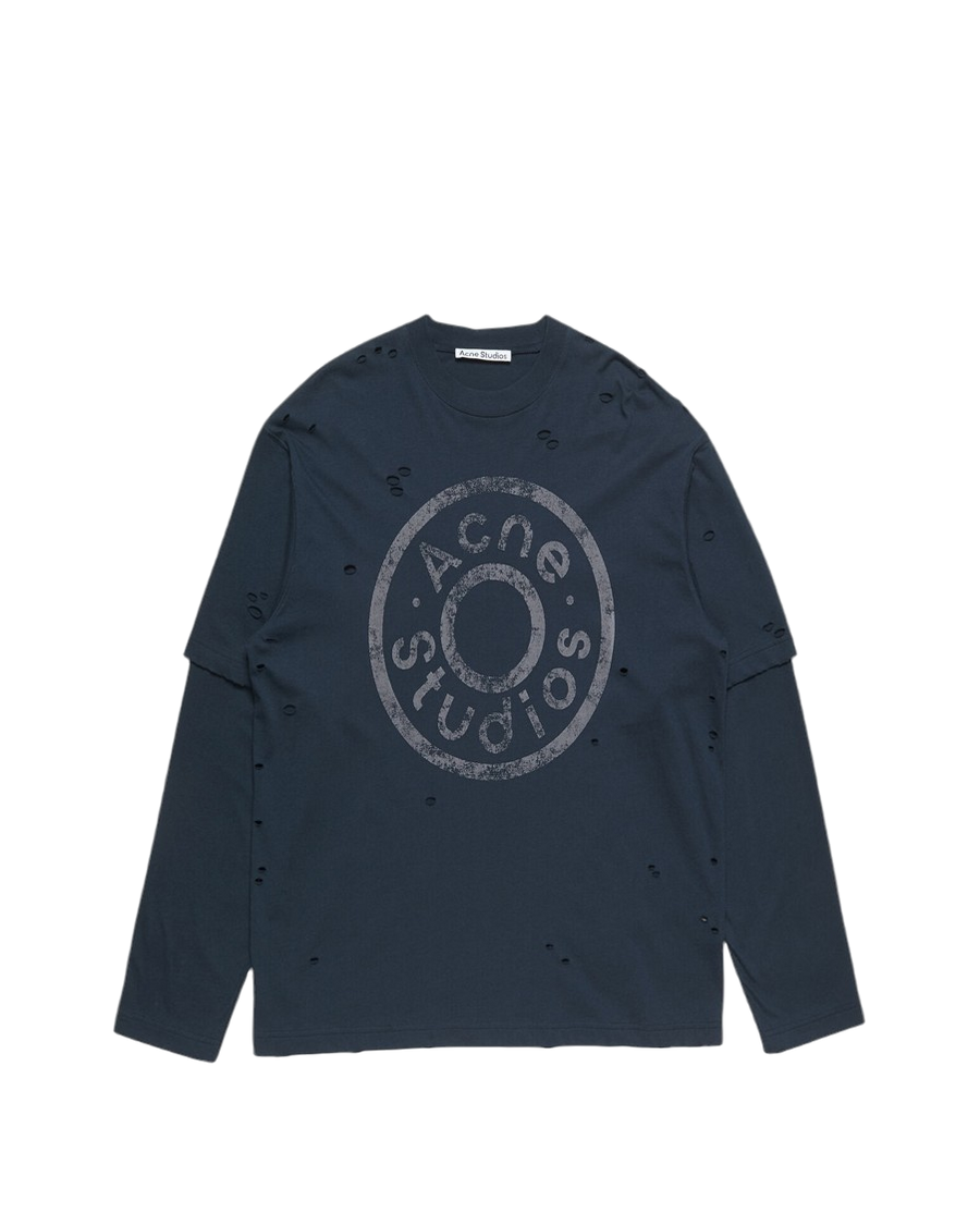 Acne Studios Distressed Logo Print Layered Long Sleeve Dark Navy