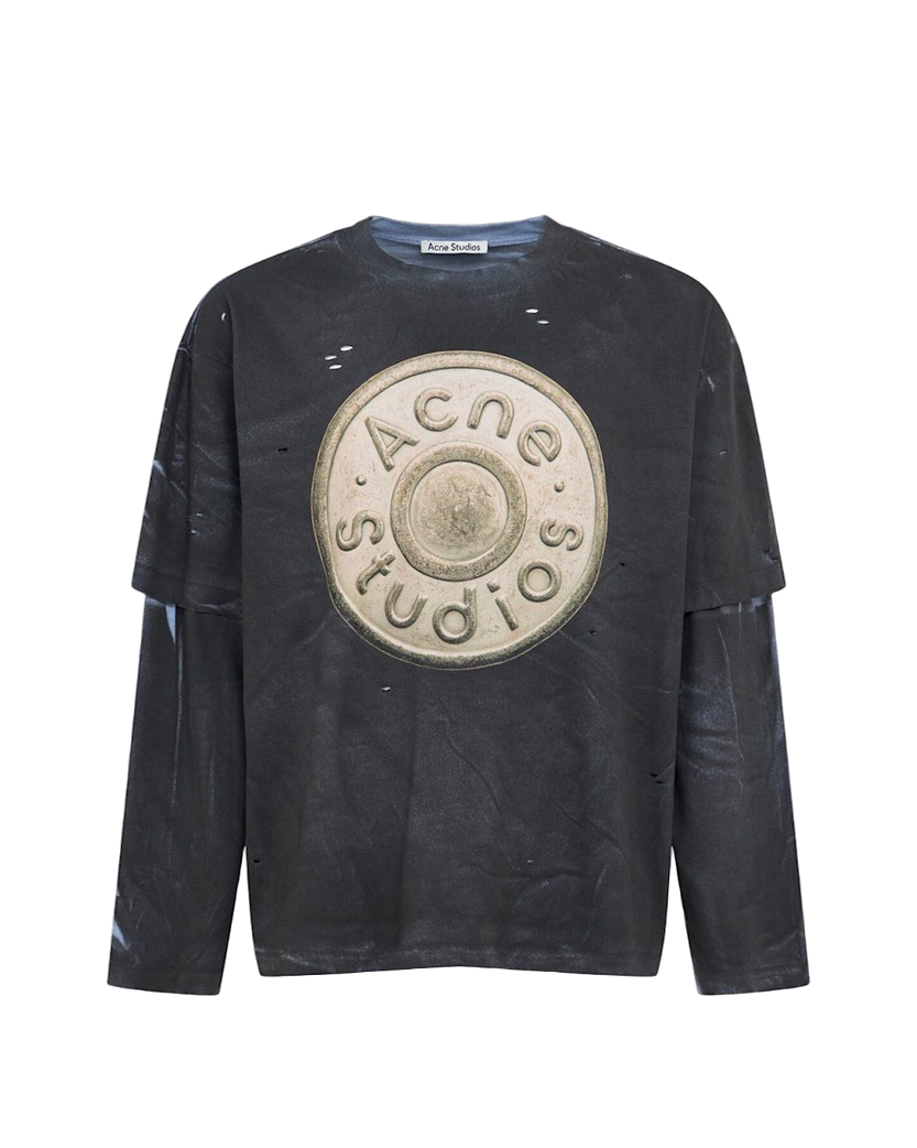 Acne Studios Button Logo Distressed Layered Long Sleeve Black