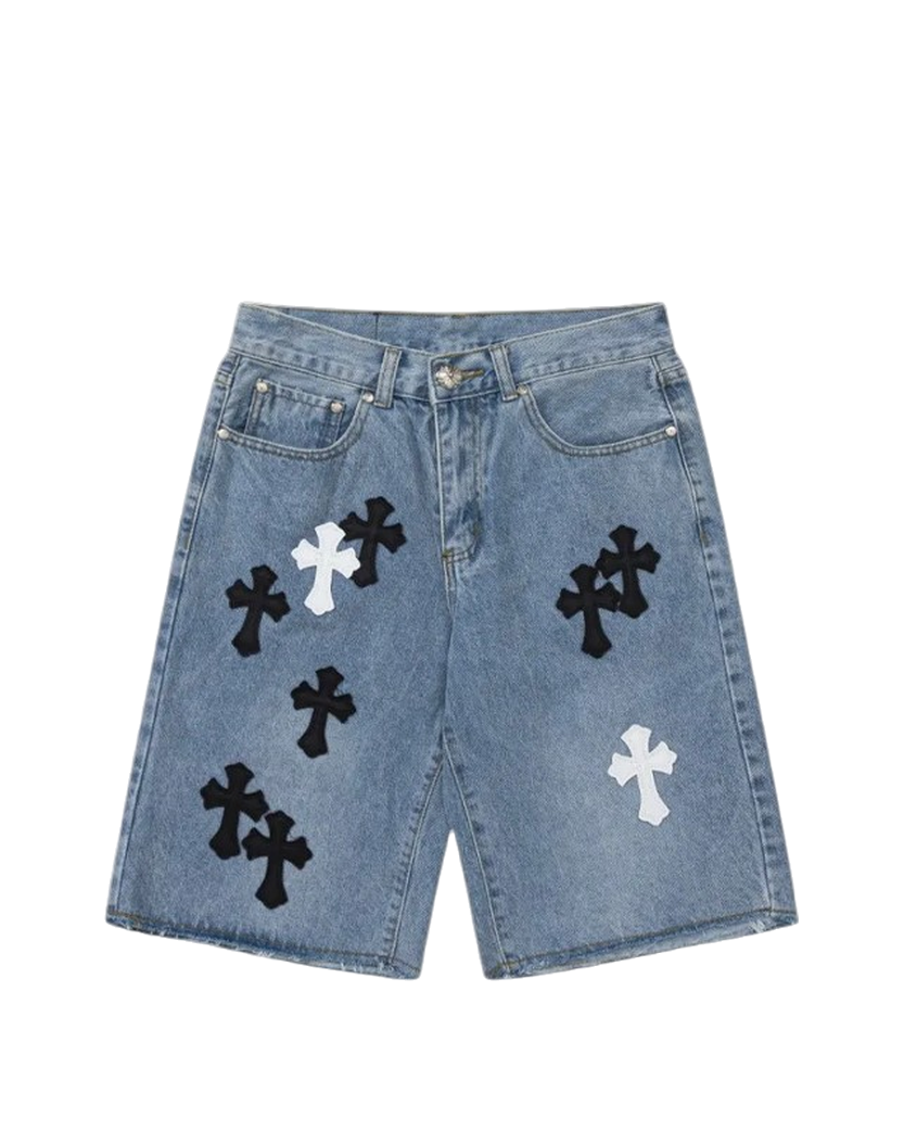 Chrome Hearts Denim Shorts with Black and White Cross Blue CH146-BL