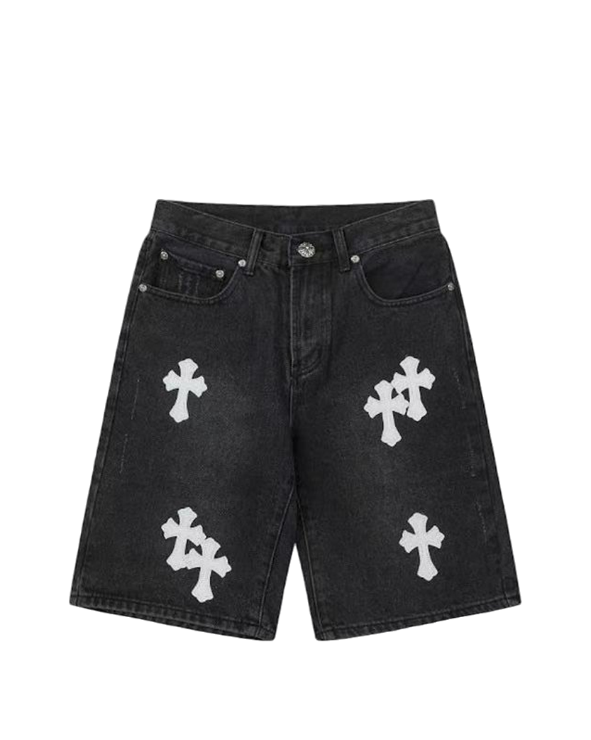 Chrome Hearts Denim Shorts with White Cross Black CH147-BK