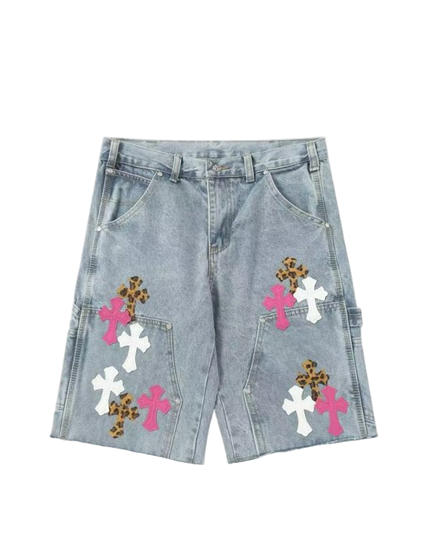 Chrome Hearts Denim Shorts with White and Pink Cross Light Blue CH148-LBL