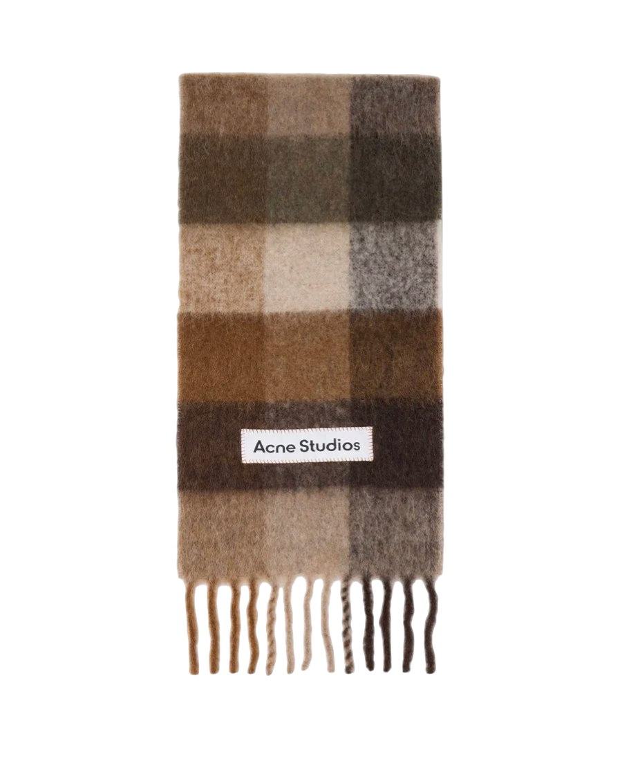 Acne Studios Checked Wool Fringe Scarf Dark Brown/White/Brown