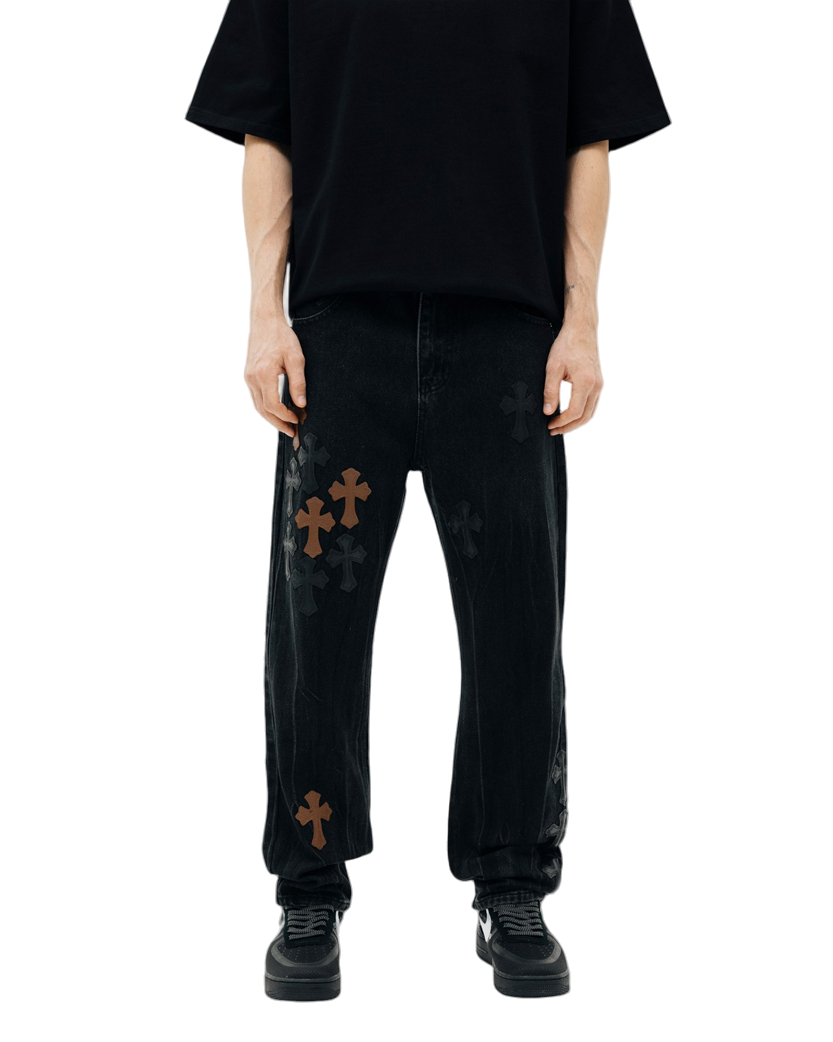 Chrome Hearts Jeans with Brown and Tonal Cross Black CH129-BK
