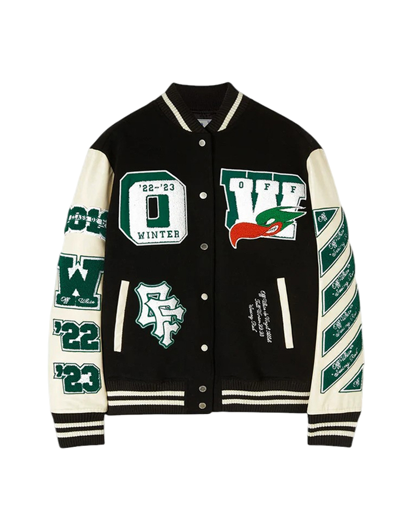Off-White Embroidered Patches Varsity Jacket Black/Green