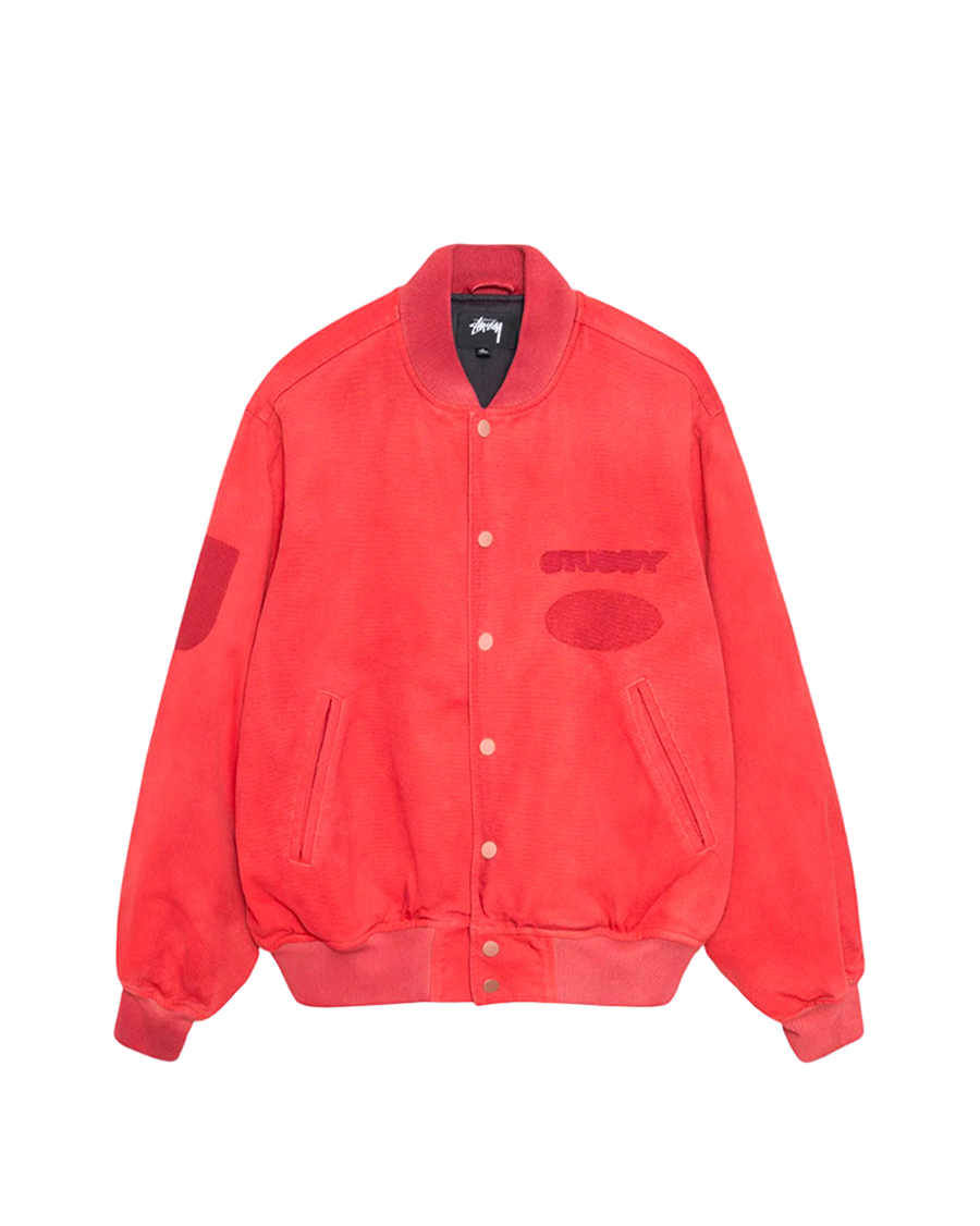 STUSSY Ghost Logo Canvas Varsity Jacket Red