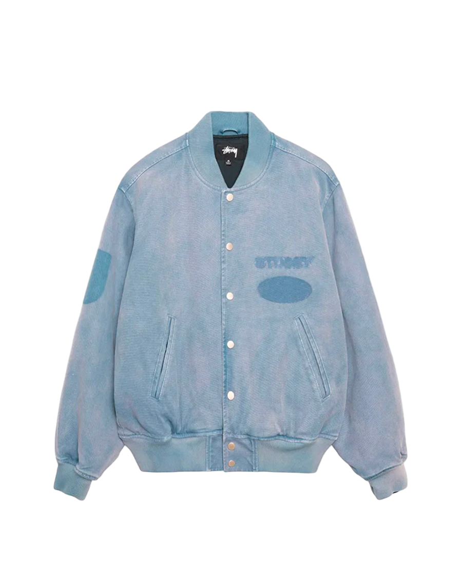 STUSSY Ghost Logo Canvas Varsity Jacket Blue