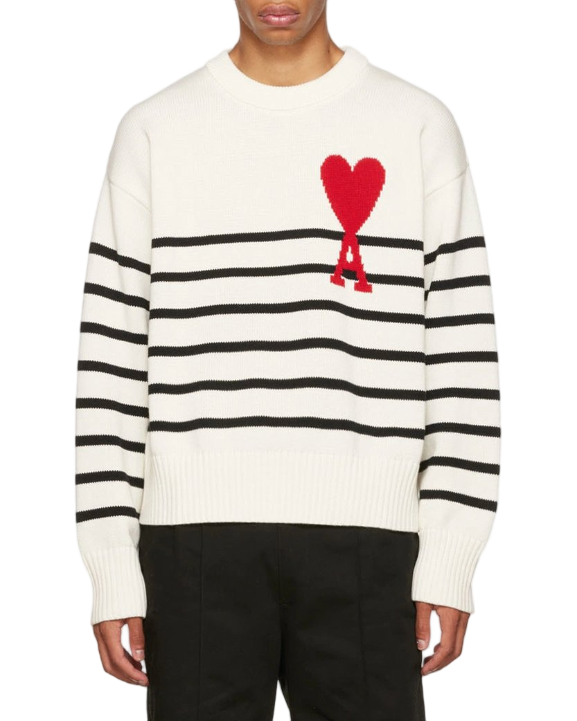 AMI Paris Ami De Coeur Striped Cotton And Wool Sweater White