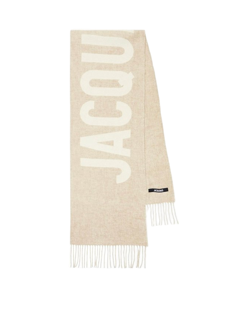 Jacquemus Logo Jacquard Fringed Edge Scarf Beige