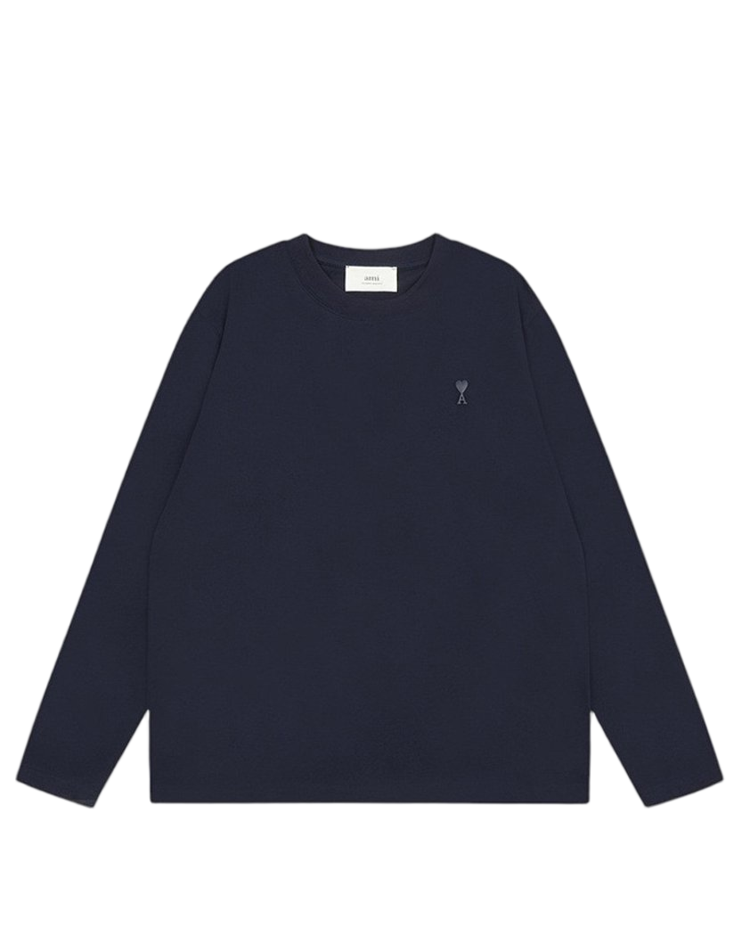 AMI Paris Ami De Coeur Tonal Small Heart Long Sleeve Navy Blue