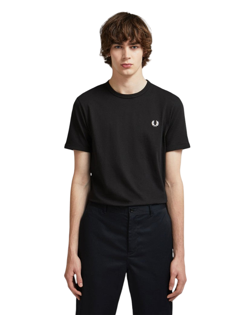 FRED PERRY Ringer T-Shirt Black with White Logo