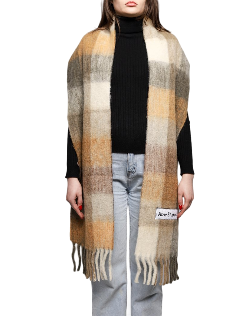 Acne Studios Checked Wool Fringe Scarf Taupe/Green/Black