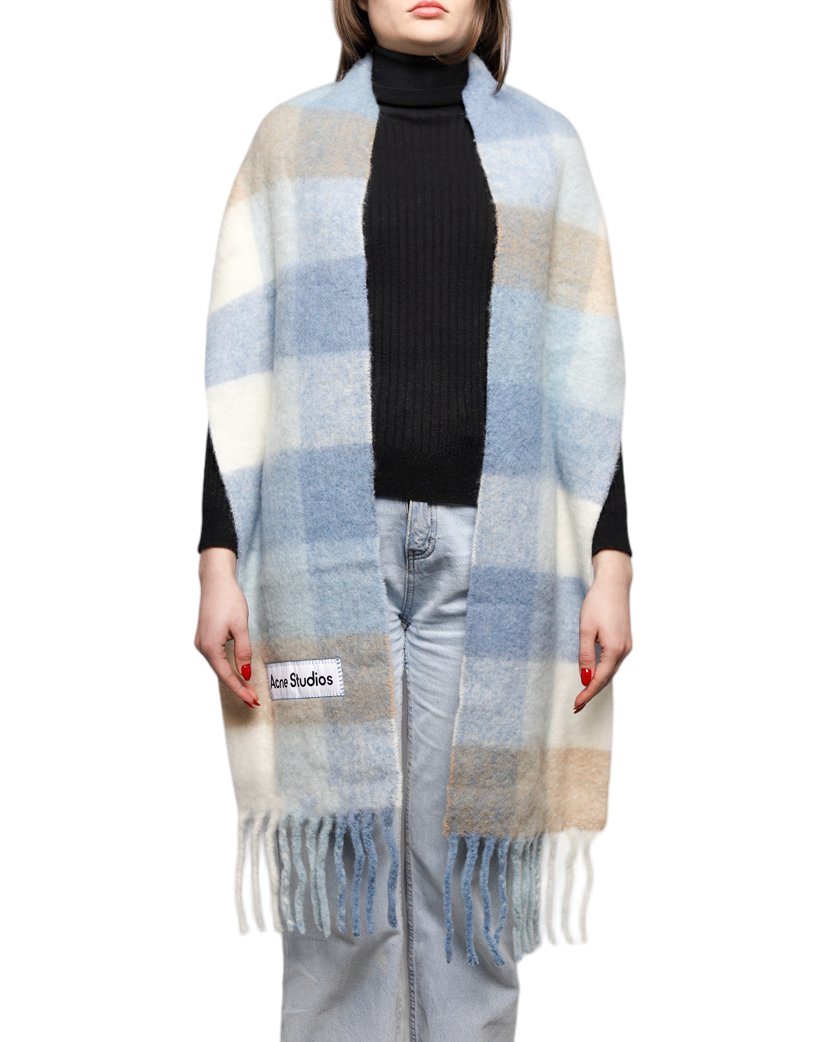 Acne Studios Checked Wool Fringe Scarf Pastel Blue/Beige