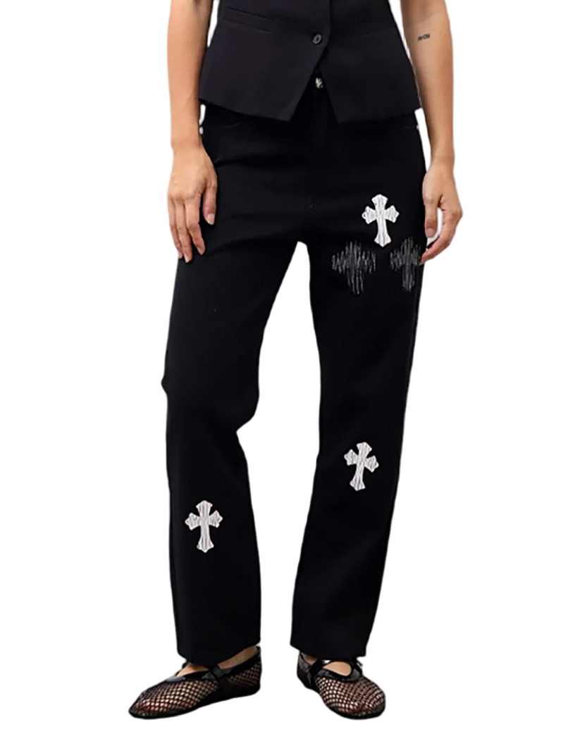 Chrome Hearts Jeans with White and Black Cross Black CH130-BK