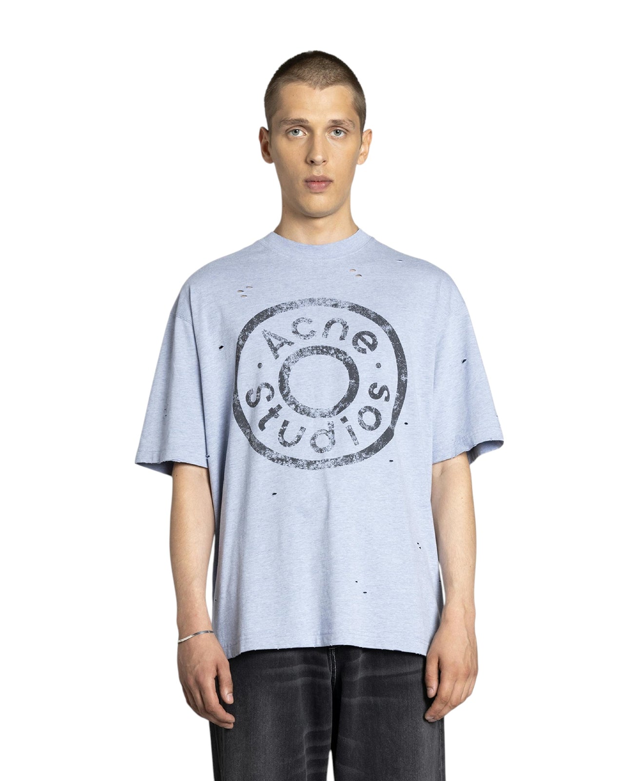 Acne Studios Distressed Logo Print T-Shirt Blue Melange