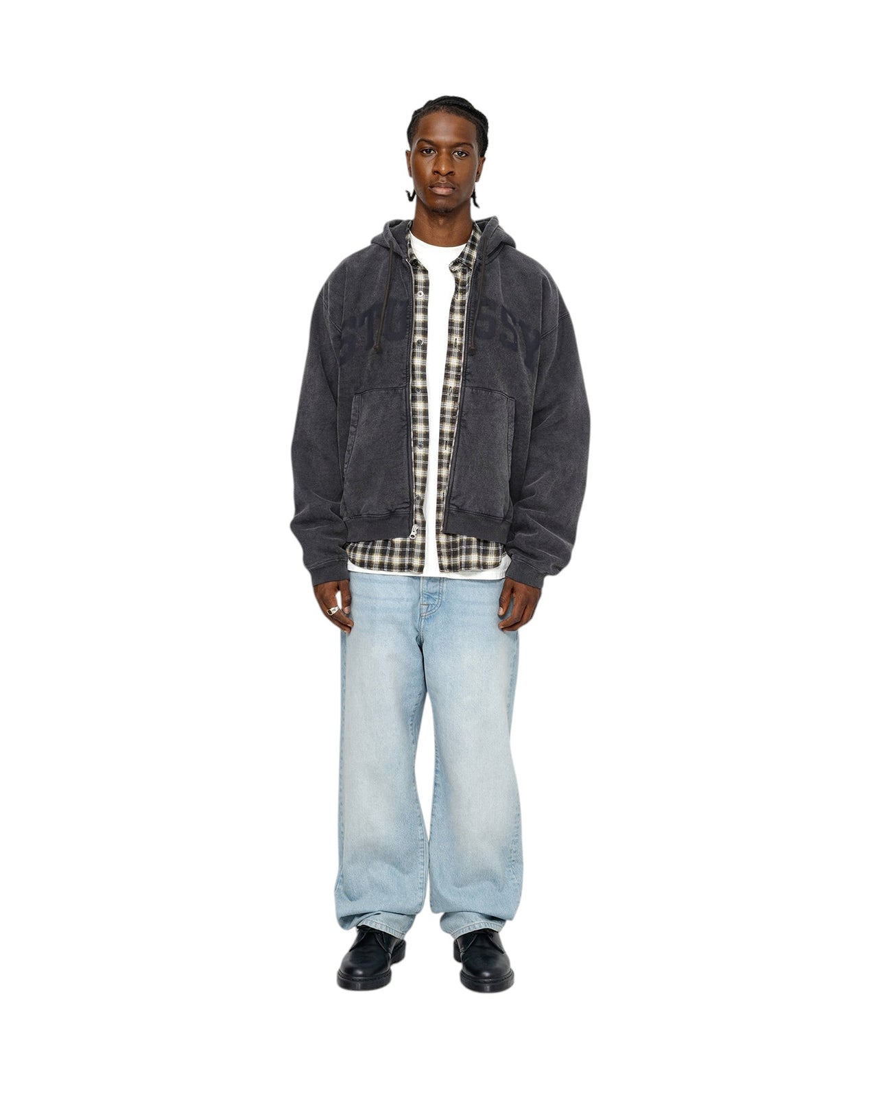 STUSSY Zip Hoodie Faded Graphic Washed Black